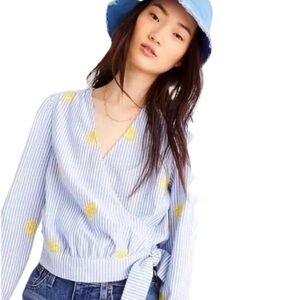 J Crew Cotton Wrap Top Striped Pattern Embroidered Pineapple Sz S Preppy Summer